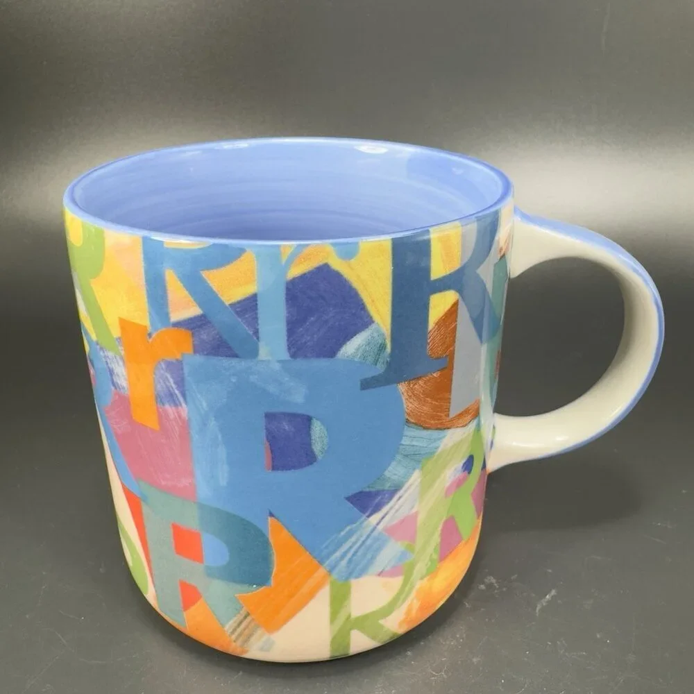 Anthropologie Monogram R Multiple Rs Colorful Ceramic Mug Cup Blue Inside‎ Mug